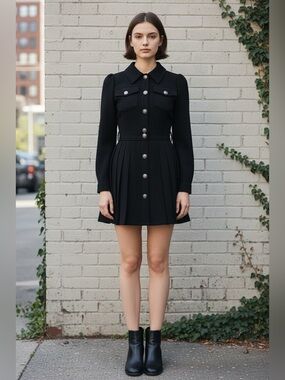 Black Pleated Button-Front Mini Dress with Long Sleeves and Belt